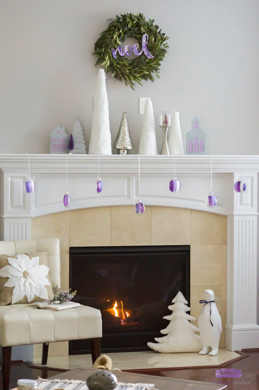 Modern Christmas Mantel and more holiday decorating ideas for the fireplace. DIY this simple, elegant mantel with white, silver and “sugared plum” decor.