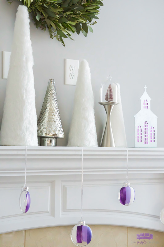 Modern Christmas mantel with white, silver and "sugared plum"