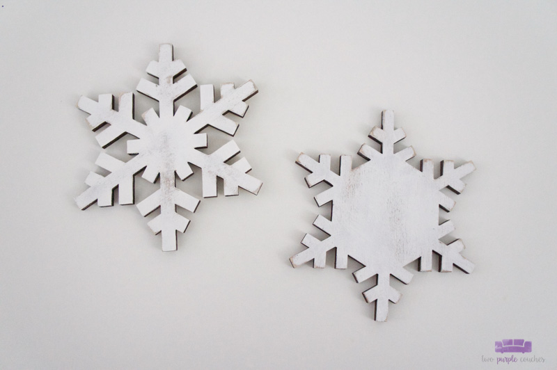 Step two - white-washed painted snowflake ornaments