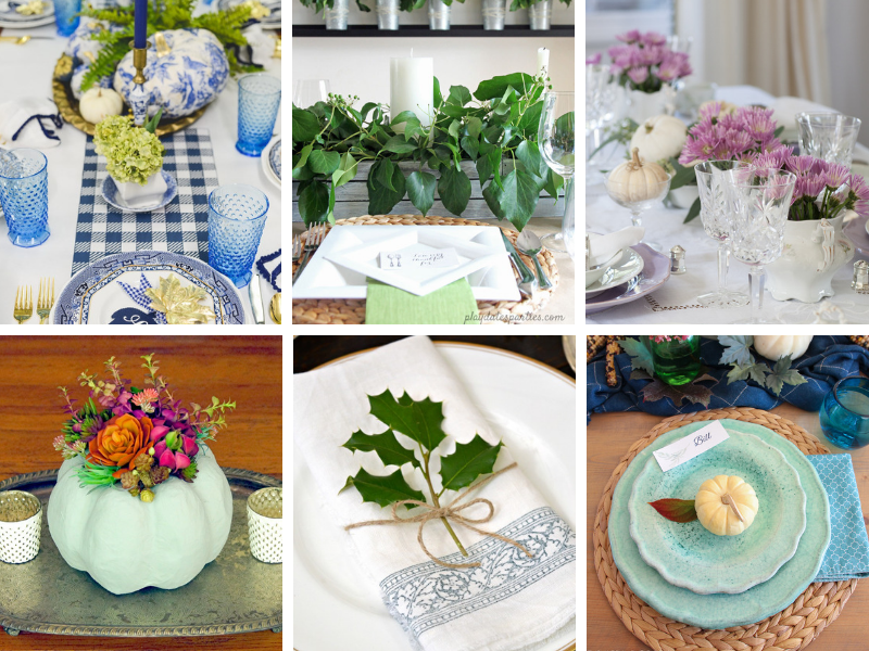 Thanksgiving Tablescapes and Table Decor Ideas - natural elements, greenery, pumpkins and more