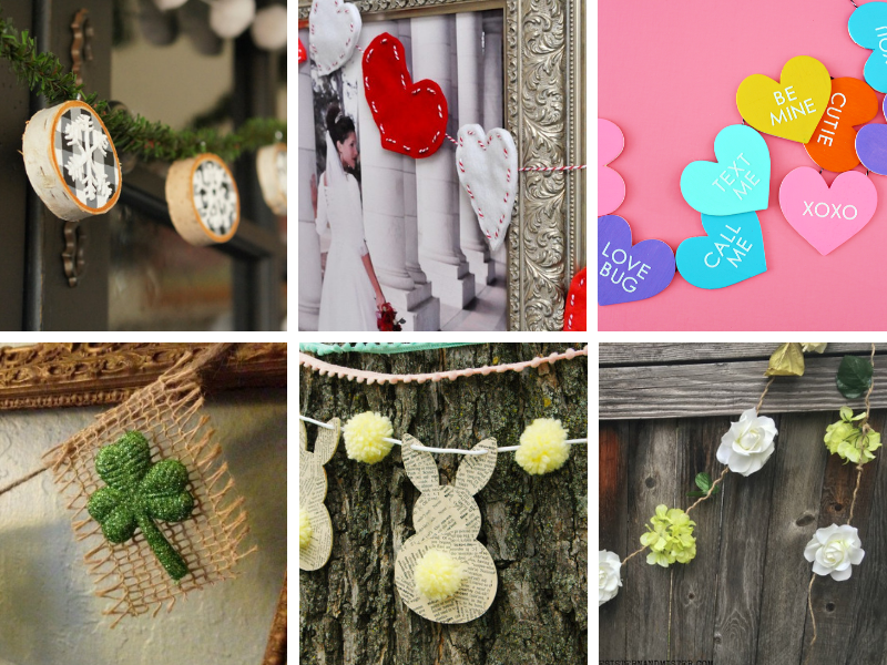 DIY Garlands for every holiday, from Valentine’s Day to Easter to Christmas! So many cute and easy ideas that you can make with fabric, paper, flowers, wood and more! #diygarland #garland #craftsideas