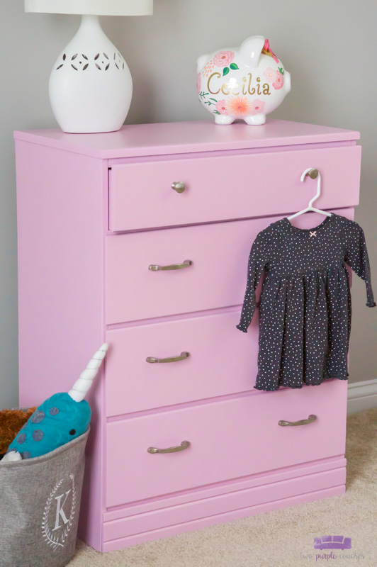 Light Orchid Girl s Dresser Makeover two purple couches