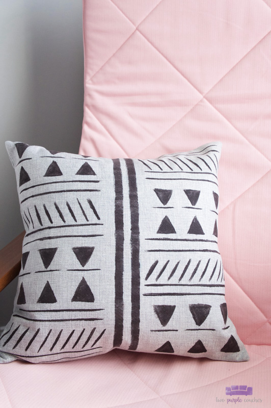 How to Make a DIY Mud Cloth Pillow two purple couches