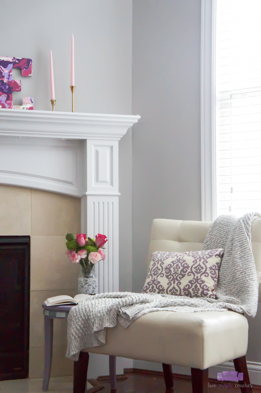 view of Valentine mantel and reading spot