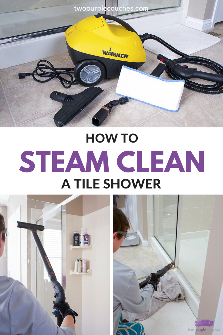 how to steam clean a tile shower pin collage